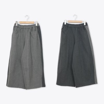 【MOSS CLUB】小緹花組織布斜邊配布直褲 黑 灰