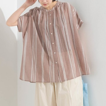 日本 OMNES - 100%印度棉 夏日印花休閒長版襯衫-淺棕條紋