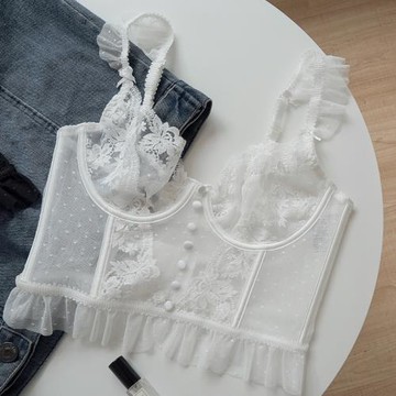 法式背心式內衣女超薄款性感小飛肩刺繡蕾絲束身衣可外穿文胸套裝