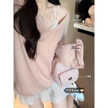 韓系慵懶風V領喇叭長袖針織衫2025夏季新款寬松薄款外搭防曬罩衫