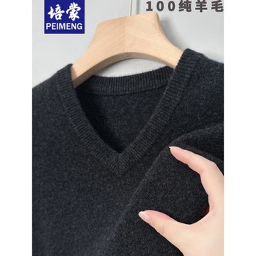 培蒙冬季加厚V領羊毛衫男士100純羊毛針織保暖套頭雞心領羊絨毛衣