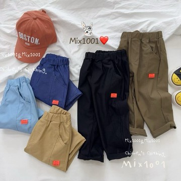 🌈✨mix1001 多色系 橘色搶眼表情標籤彈性褲✨兒童車線造型休閒褲5-17