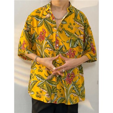 2025冰絲短袖襯衫男款夏季薄款痞帥氣襯衣高街潮牌夏威夷沙灘寸衫