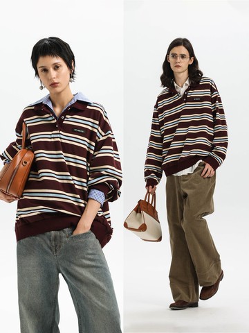 復古學院撞色條紋polo衫定織羅紋長袖上衣Unvesno(UN)