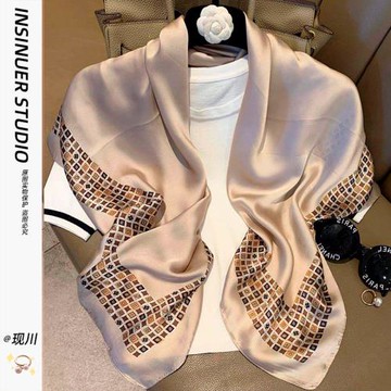 顯白氣質~順滑百搭大方巾女歐美寶石小絲巾春夏薄款紗巾洋氣披肩