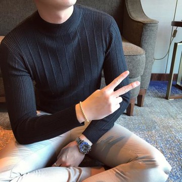 英倫秋冬加厚百搭半高領毛衣男韓版修身針織衫休閑條紋打底毛線衫