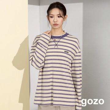 【gozo】天絲條紋落肩長袖T恤(灰色/米色_F) | 女裝 圓領 休閒