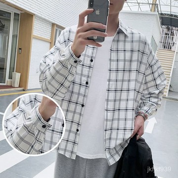 襯衫 韓係襯衫 長袖襯衫 休閒襯衫 男生襯衫 長版襯衫 格子襯衫男長袖痞帥寬鬆休閒百搭大碼學院風外套潮流百搭免燙襯衣