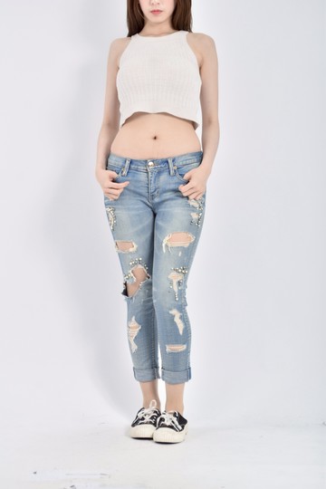 (M) 2ndbrand質感丹寧牛仔棉質低腰刷破珠珠藍色長褲