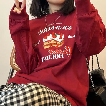馬克先生自制草莓蛋糕復古酒紅日系女孩寬松純棉寬松T恤長袖上衣