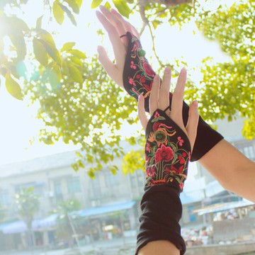 秋冬新款復古民族風花朵刺繡花長款手套楊麗萍同款舞蹈護腕袖套女