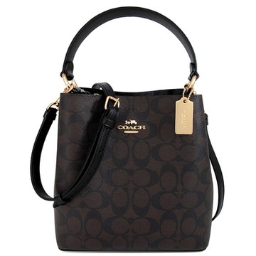 COACH 金馬車防潑水LOGO皮革背帶三層兩用水桶包(黑咖啡色)