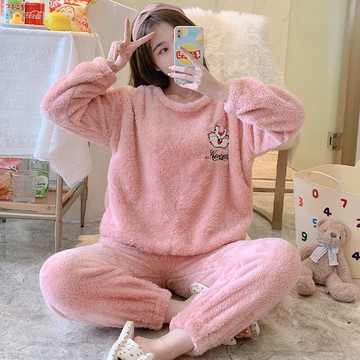 韓版珊瑚絨睡衣女春秋冬季法蘭絨加厚加絨圓領簡約毛絨家居服套裝