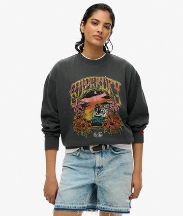 Superdry Women's Psych Surf Loose Crew Sweatshirt Black Size: 4