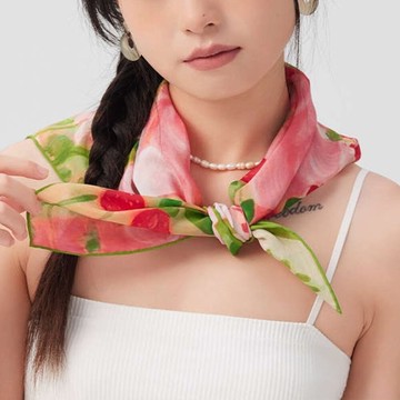絲巾 花朵方巾 真絲圍巾 方巾女 桑蠶絲 印花絲巾 頭巾 髮帶 包包裝飾 配件 領巾 037