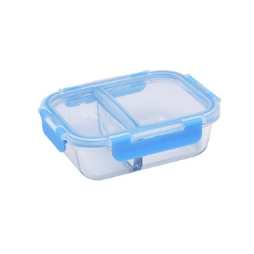 CorelleBrands康寧餐具 密扣耐熱玻璃分隔保鮮盒1050ml 藍色（二分隔）