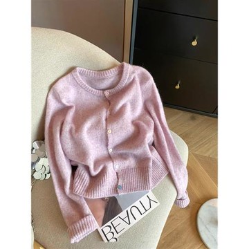 軟糯高級感紫色毛衣外套女短款秋冬漂亮溫柔風上衣洋氣針織開衫女