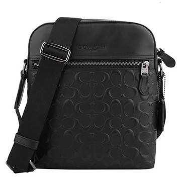 COACH 防刮拼接浮雕LOGO皮革拉鍊直式斜背包(黑)