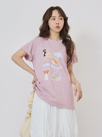 純棉沙灘狗狗印花寬鬆長版上衣