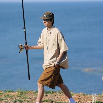 日系拼接工裝短袖襯衫男2026夏季新款兩側口袋寬鬆休閒帥氣襯衣潮