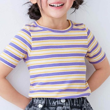 日本 devirock - 清爽夏日線條配色短袖上衣-紫黃