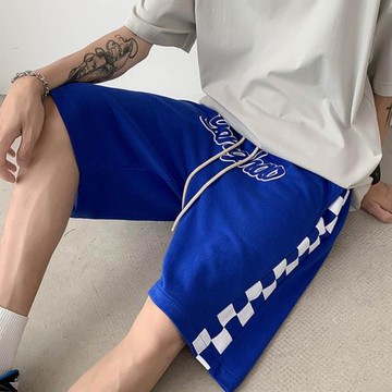 棋盤格短褲男夏季薄款克萊因藍褲子美式運動褲潮牌寬松休閑五分褲