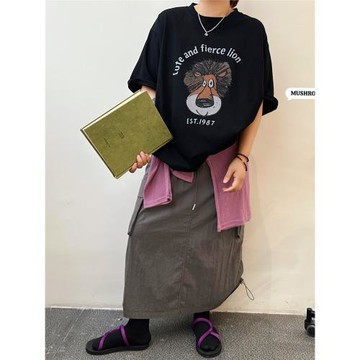 蘑菇頭小姐2026新款韓版復古百搭休閑時尚卡通獅子圓領短袖T恤女