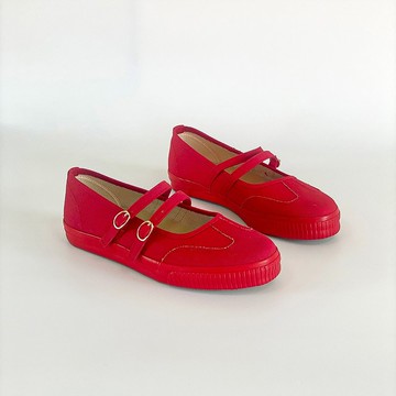 小漫瑪莉珍鞋 (寬楦) 雙扣帆布娃娃鞋 - 紅 台灣製造