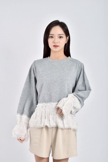 (XL) yamiya質感拼接蕾絲灰色長袖上衣