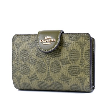 COACH 立體馬車緹花LOGO防刮釦式中夾-橄欖綠