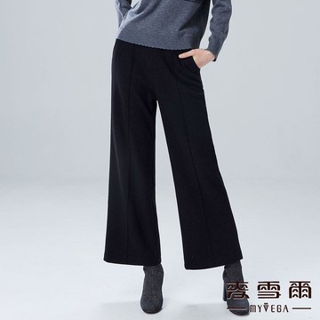 Myvega麥雪爾 羊毛後鬆緊腰中車線寬褲-黑