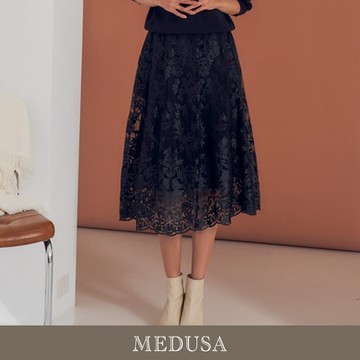 現貨【MEDUSA 曼度莎】I care 緹花網紗黑色中長裙（F）｜裙子 紗裙 緹花裙