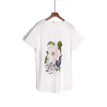 女裝短袖修身圓領青春通勤簡約花朵印花T恤衫時尚潮