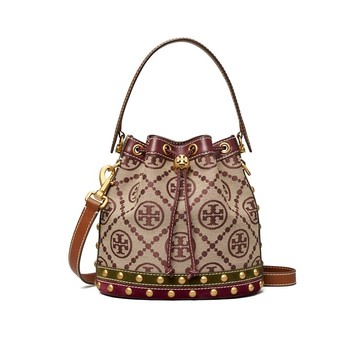 TORY BURCH T Monogram 雙T標誌壓花抽繩開合皮革 女款水桶包手提單肩斜跨包 斜背包 138906/150492~【 購物節優惠 ★ 菲尼斯 國際精品 3折起 】