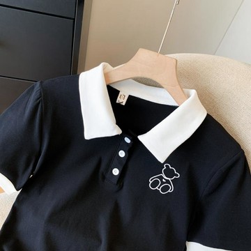 POLO領 刺繡短袖 甜美T恤女 夏季新款 短款設計感 小衆翻領