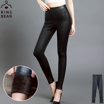 內刷毛--帥氣百搭款保暖禦寒鬆緊腰頭超彈絲滑內刷毛皮褲(黑L-5L)-R181眼圈熊中大尺碼