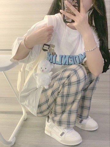 長袖褲裝女學生韓版寬松鹽系短袖上衣格子時尚百搭闊腿褲兩件套潮新款夏季