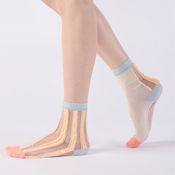 線圈筆記本 透明紗中筒襪 - 米色(M)