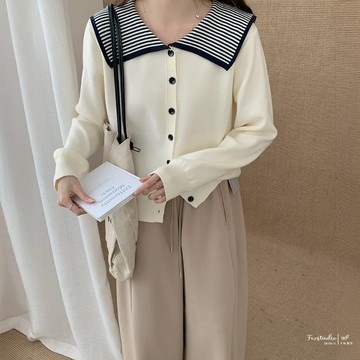 水手領條紋撞色針織上衣 長袖外套 翻領 彈性 女生 女裝 FW美衣 K0450