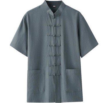 夏季棉麻中老年爸爸短袖唐裝中國風男裝亞麻中式襯衫爺爺居士衣服