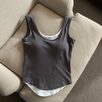 灰色假兩件背心女帶胸墊夏外穿遮副乳防走光工字吊帶文胸一體上衣