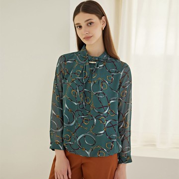 ILEY伊蕾 時髦造型領結仿絲巾印花雪紡上衣(深綠色；M-XL)1223211402