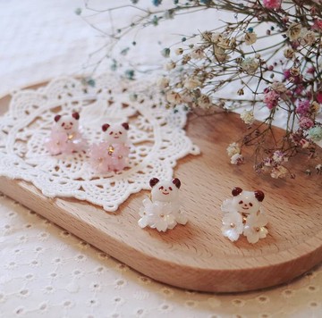 panda rain原創2-way兩用手繪熊貓櫻花球耳環(耳針款)