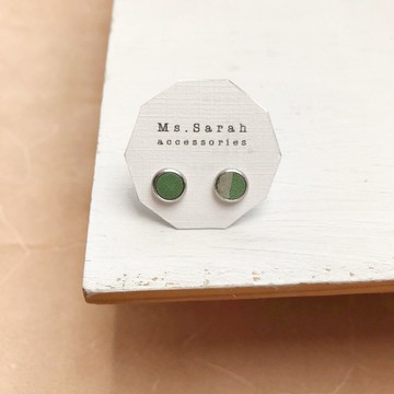 皮革耳環_圓框3號作品#6_蘋果綠搭灰白(可改夾)