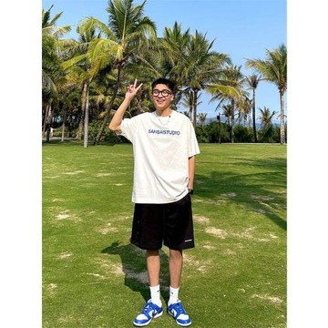 SANBAI 叁佰重磅情侶短袖潮牌字母T恤男夏季寬松休閑半袖體恤男士