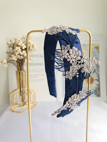 原創復古蕾絲藏藍色髮箍