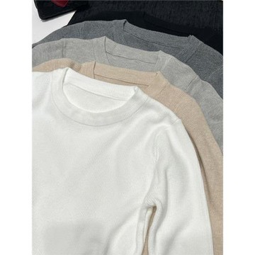 韓系圓領軟糯針織打底衫女秋季正肩長袖內搭毛衣彈力修身絕美上衣