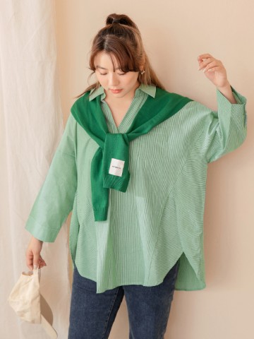 雲朵自訂款-V領純棉條紋側開衩七分袖襯衫