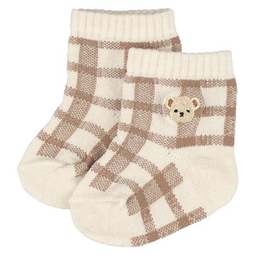akachan honpo - 新生兒直角襪-刺繡小熊 格紋-淺卡其色 (7~9cm)-日本製