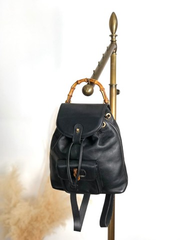 【日本直送 名牌中古包】GUCCI 古馳 後背包 黑色 竹節 皮革 前口袋 vintage ヴィンテージ 老式 f7grwk